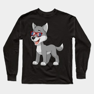 Patriotic Wolf With America Flag Sunglasses 4Th Of July Long Sleeve T-Shirt